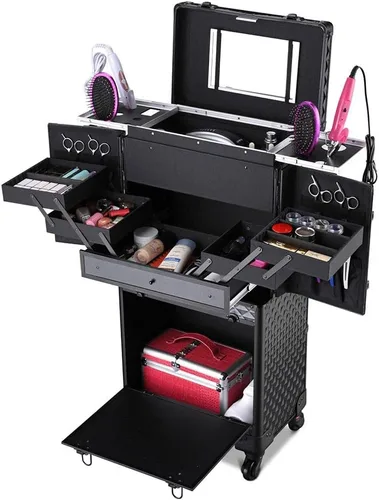 Vista 5 de BYOOTIQUE Estuche de maquillaje con ruedas con espejo, organizador de cosméticos, estilista de peluquería, peluquero, bandeja extensible