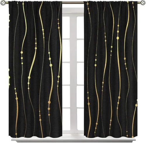 Vista 8 de Cortinas Negras con Dobladillo Dorado, Cortinas Opacas con Bolsillo para Barra con Estampado de Rayas de Foil en Onda Dorada para Decoración de Negro