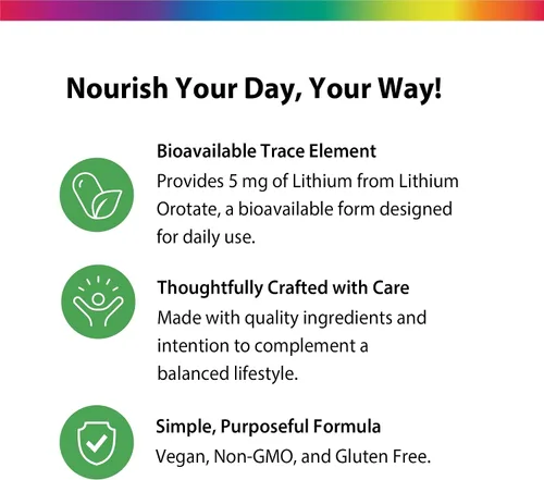 Vista 4 de Rainbow Light Suplemento de orotato de litio de 5 mg 120 cápsulas veganas oligoelemento biodisponible Sin OMG y sin gluten Bioavailable
