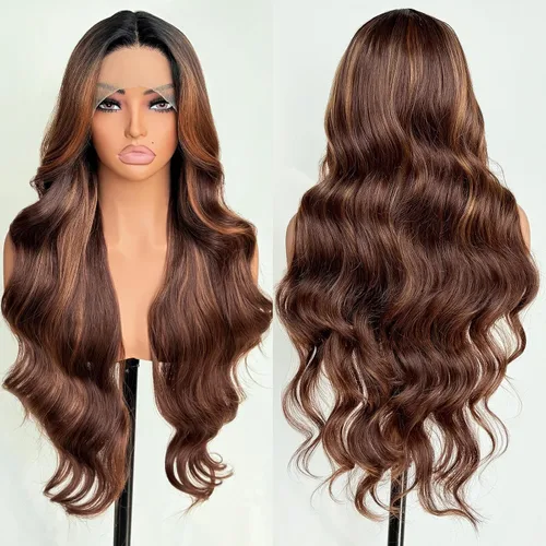 Vista 7 de FABELLE - Peluca de cabello sintético rubio ceniza con encaje frontal de 13 x 4 HD, sin pegamento, parte media ondulada de 30 pulgadas, para usar