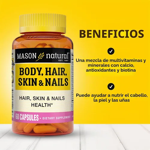 Vista 2 de MASON NATURAL Suplemento de belleza prémium para cabello, piel y uñas, con biotina y vitaminas A, C, E y complejo B, 60 cápsulas
