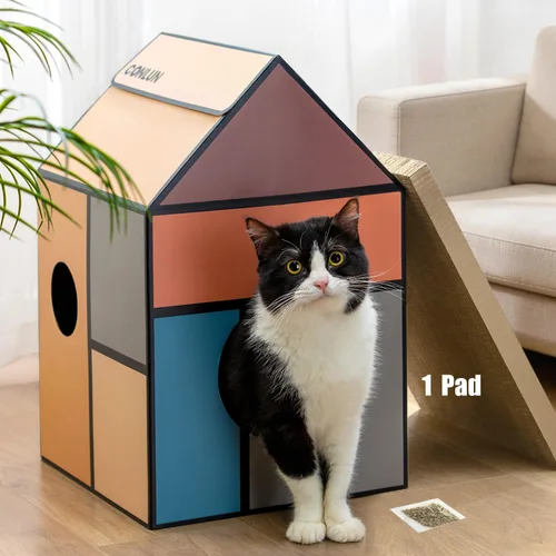 Vista 15 de Conlun Casa de cartón para gatos con almohadilla para rascar y hierba gatera, casa rascador para juegos de gatos para muebles de interior, rascador