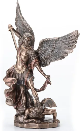 Vista 2 de Unicorn Studios San Miguel de pie sobre el demonio con espada escultura religiosa 7 7/8 pulgadas de alto