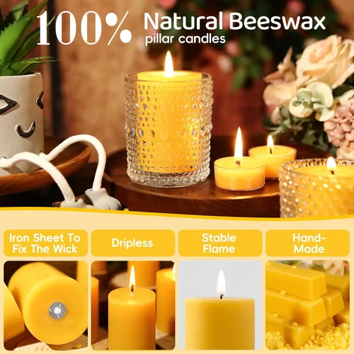 Vista 7 de Velas de pilar de cera de abeja natural, no tóxicas, 2 x 3 pulgadas, paquete de 6, 192 H de combustión larga Amarillo