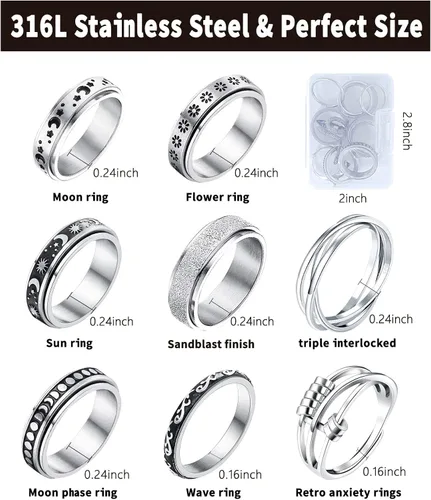 Vista 5 de Spinner Ring for Anxiety 8pcs Stainless Steel Fidget Rings Anti Anxiety Ring Spinning Moon Star Cool Stress Relieving Rings for Women Men Teens Girls
