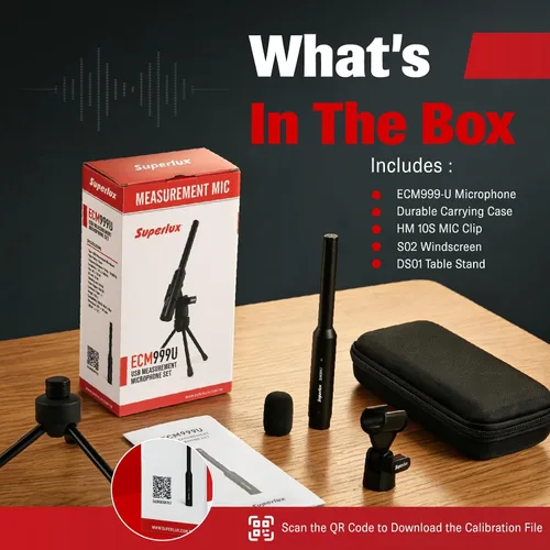 Vista 7 de Superlux ECM999U - Juego de micrófonos de medición USB, micrófono condensador Omni de campo libre para análisis acústico de habitación, prueba