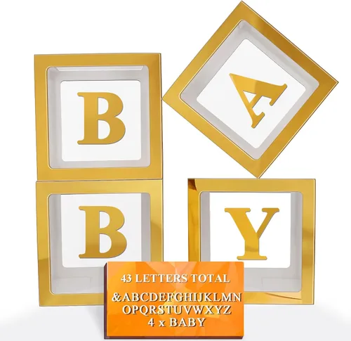 Vista 12 de Ledido - Cajas de globos transparentes con 60 letras y números para nombre personalizado 4 PCS Black Clear Baby Balloon Boxes Blocks Backdrop for