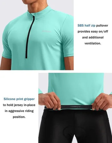 Vista 4 de Bikewa Maillot de ciclismo para hombre que absorbe la humedad, manga corta, UPF media cremallera, ciclismo, ciclismo de carretera, camisas