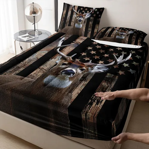 Vista 3 de HOSIMA Protector de colchón individual con diseño de bandera estadounidense y ciervos, funda de colchón de caza de ciervos con bolsillo profundo.