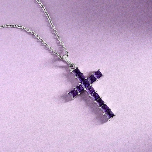 Vista 3 de Shop LC - Collar con colgante de cruz de amatista púrpura para mujeres y hombres, joyería religiosa, cadena de acero inoxidable, tamaño 20 pulgadas