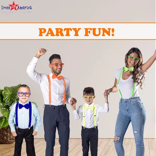 Vista 7 de Dress Up America Tirante de neón, corbatín, lentes de sol, juego de accesorios, tirantes de tamaño adulto y niño