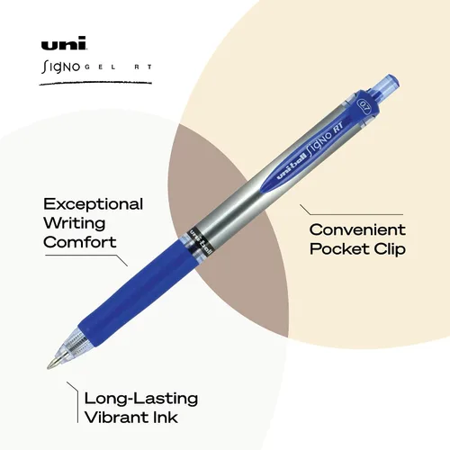 Vista 3 de Uniball Signo - Bolígrafo de gel retráctil, mediano de 0.028 in, tinta azul, barril con detalles azul/metálico, docena (paquete de 12)