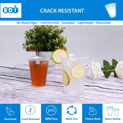 Vista 7 de EDI Vasos de plástico PET desechables transparentes de 10 onzas, duraderos, resistentes a las grietas, sin BPA, apilables, paquete de 100