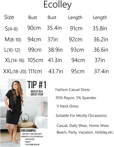 Vista 4 de Ecolley Vestidos casuales de verano sueltos para mujer con bolsillos, cuello en V, vaporoso, vestido de playa, manga con puños, cómodo