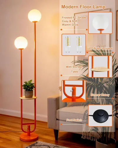 Vista 5 de Lightdot Lámpara de pie naranja de 63 pulgadas con poste en U, 2 lámparas de pie de mediados de siglo con globos y bombillas LED blancas cálidas