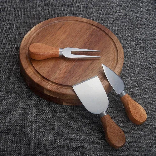 Vista 2 de Tabla redonda de madera de acacia para servir queso y juego de 3 herramientas de queso, 7.5 pulgadas de diámetro, ideal para bodas, cumpleaños