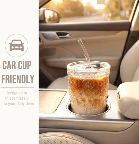 Vista 6 de SoulTimes Vaso de cristal de flor de Begonia de 13 onzas con tapa y pajita, vasos de café helado para batidos, matcha, jugo, agua, etc. Cristalería