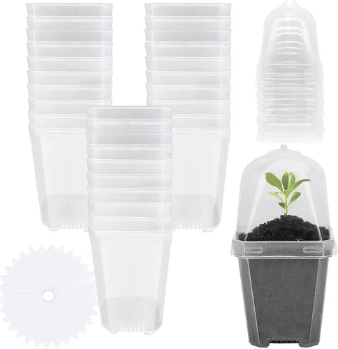 Vista 9 de EBaokuup 10 macetas transparentes para vivero de plantas con cúpula de humedad, maceta de plástico reutilizable de 3 pulgadas con etiquetas