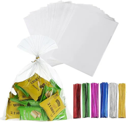Vista 22 de 200 bolsas de celofán planas de celofán de 4 x 9 pulgadas, transparentes y gruesas, con lazos torcidos de 6 colores, embalaje, galletas, dulces