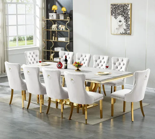 Vista 22 de SSLine Juego de mesa de comedor de mármol sintético blanco de 68 pulgadas