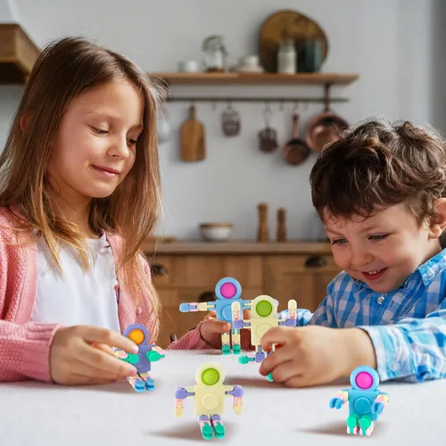 Vista 4 de ArtCreativity Robot Fidget Spinner Pop It 3 en 1 (juego de 12), juguetes para ansiedad transformador a granel para juegos sensoriales, funciona como