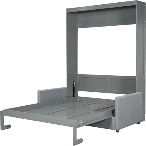 Vista 6 de Cama Murphy de tamaño completo, cama Murphy de madera con cojín, cama de pared con sofá para oficina en casa o habitación pequeña, gris
