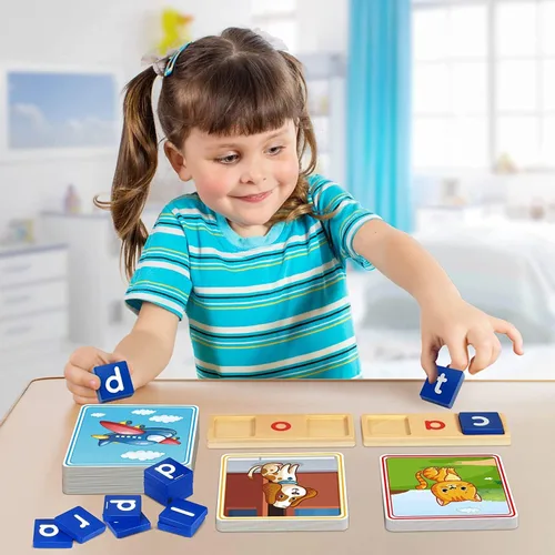 Vista 2 de Juguetes de aprendizaje para niños de 3, 4, 5 años - Juego de clasificación y lectura de 116 piezas con letras de vocales cortas, juego