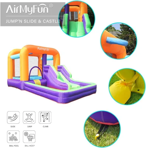 Vista 9 de AirMyFun Casa inflable para rebotar, gorila de obstáculos y tobogán con soplador de aire (estilo morado)