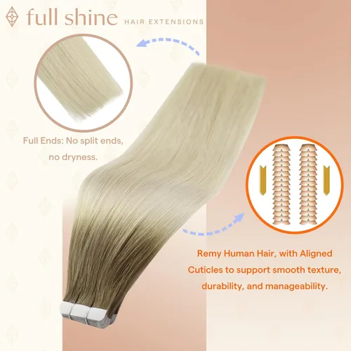 Vista 128 de Full Shine - Extensiones de cabello humano con cinta, mezcla de rubio hongo # 8 castaño ceniza resaltado 60 rubio ceniza