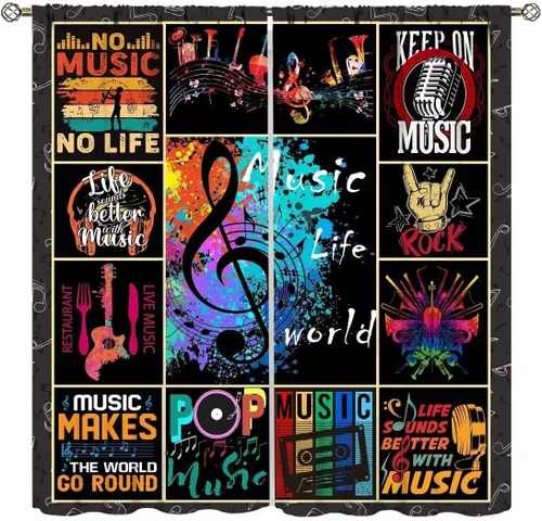 Vista 29 de Cortinas de música rock para adolescentes, tratamiento de ventana de guitarra electrónica para dormitorio, sala de estar, cortinas de ventana