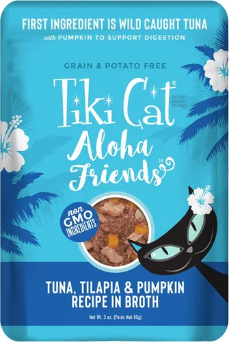 Vista 12 de Tiki Cat Aloha Friends, Atún, Calamares y Calabaza, sin granos y alta humedad, alimento húmedo para gatos para todas las etapas de la vida, bolsa