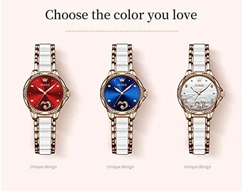 Vista 9 de OLEVS Relojes de oro rosa para mujer, relojes automáticos con pulsera de cerámica de acero inoxidable de dos tonos, relojes de cuerda automática