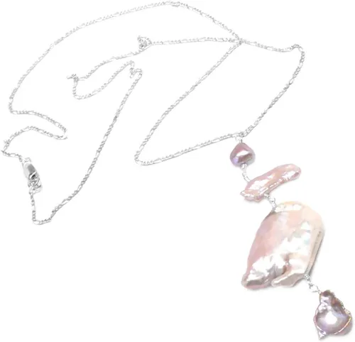 Vista 5 de Collar de cadena de flamenco abstracto de perlas de agua dulce cultivadas en malva grande de plata esterlina con relleno de oro