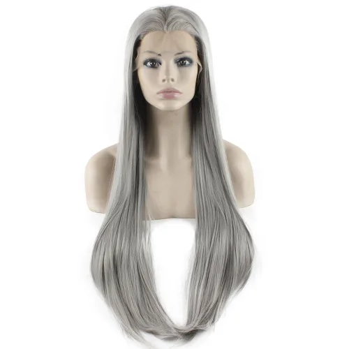 Vista 9 de Mxangel - Peluca de cabello sintético largo y lacio con encaje frontal, color negro, natural atado a mano, resistente al calor