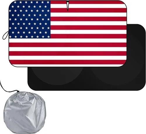 Vista 2 de Parasol para parabrisas B&W con bandera estadounidense de Estados Unidos, diseño patriótico – Parasol plegable para ventana delantera de automóvil