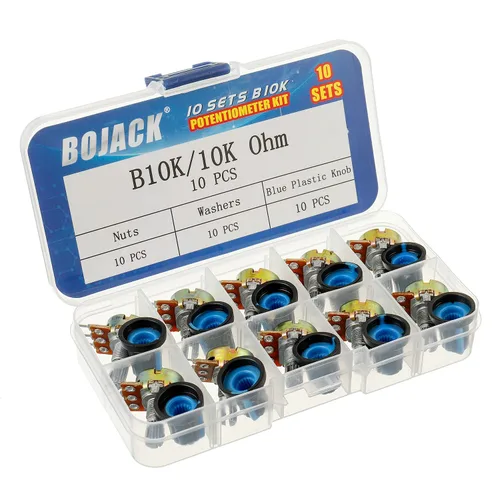Vista 2 de BOJACK 10 juegos de eje moleteado B10K 3 terminales Potenciómetro giratorio cónico lineal (WH148) Resistencia variable de película de carbono de una