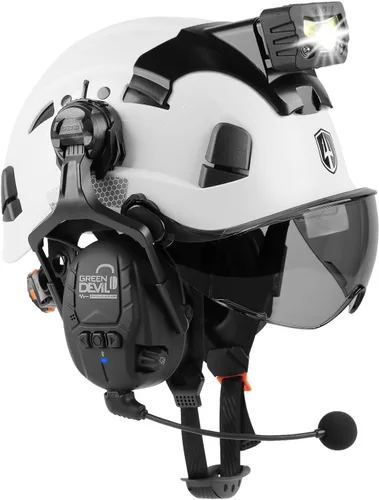 Vista 9 de Casco de seguridad con visera GREEN DEVIL con orejeras Bluetooth y faro 5 en 1 Protección completa Cascos de Construcción con ventilación Hardhat