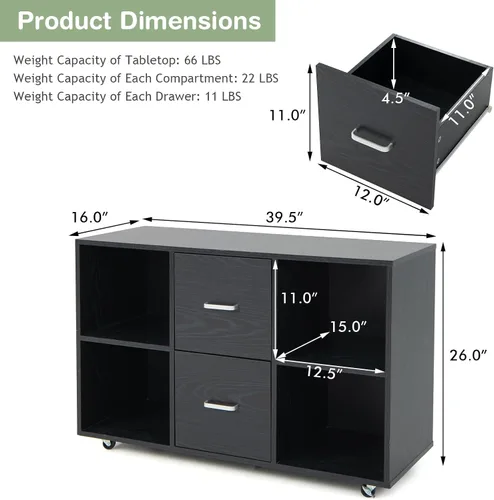 Vista 2 de Archivador de 2 cajones, archivador lateral con estantes y ruedas, aparador de buffet negro, gabinete de almacenamiento rodante, gabinetes de madera