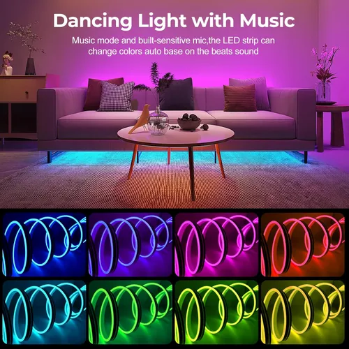 Vista 2 de LUXONIC Tira de luz LED de neón, tira de luz RGB impermeable de 16.4 pies con aplicación/control remoto, luces de cuerda flexible de 24 V, múltiples