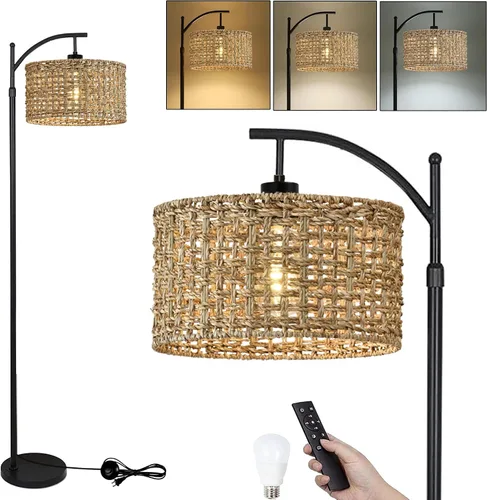 Vista 8 de AHDWDW Lámpara de pie de arco dorada para sala de estar con control remoto, lámparas de pie modernas regulables con pantalla de vidrio ámbar