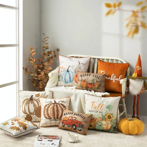 Vista 6 de Glitzhome Funda de almohada decorativa cuadrada de 18 x 18 pulgadas, funda de almohada rústica para sofá, cama, ideal para la cosecha de otoño