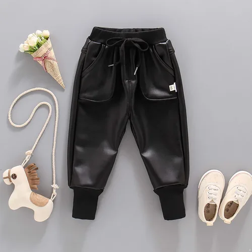 Vista 4 de JanJean Pantalones de terciopelo de piel sintética con cintura elástica para niños y niños con cordón ajuste holgado térmicos cálidos uso casual