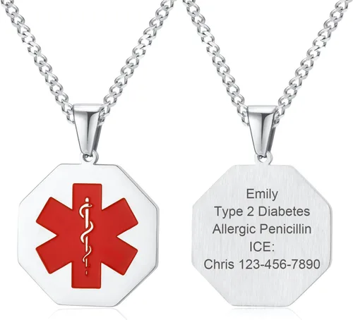 Vista 43 de VNOX Collar con colgante personalizado de acero inoxidable con grabado personalizado para identificación de alerta médica de emergencia para hombres