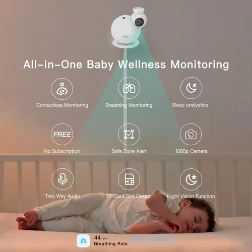 Vista 2 de iBaby i7 Smart Baby Monitor, monitor de bienestar para bebés: respiración de pista, patrón de sueño - Cámara WiFi de 1080p, vista de 360°, visión
