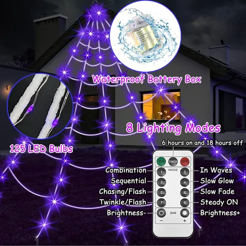 Vista 3 de Decoración de Halloween de telaraña para exteriores, 125 luces LED moradas de 16.4 pies, araña grande de 60 pulgadas, 22 arañas pequeñas y telaraña