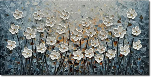 Vista 12 de Epicler art Pintura al óleo decorativa de flores 3D moradas pintadas a mano, arte de pared decorativo de pared de flores, arte moderno, sala