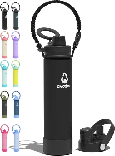 Vista 16 de Botella de agua aislada de 12 onzas con 2 tapas (tapa de popote y boquilla 2 en 1, tapa magnética), botella de agua para niños con correa, botella