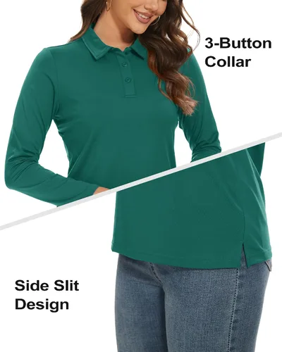 Vista 4 de TACVASEN Polo de golf para mujer, manga larga, protección solar UPF 50+, cuello de 3 botones, camiseta de secado rápido