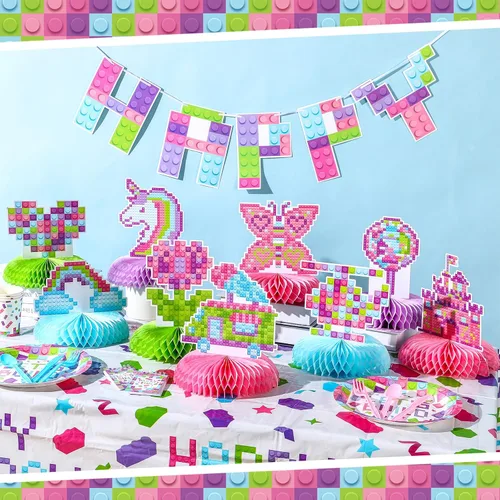 Vista 2 de Colarr 9 piezas de suministros para fiesta de cumpleaños de bloques de construcción, juegos de decoración de bloques de construcción, centros