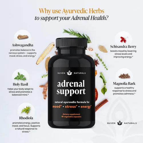 Vista 5 de Nuven Naturals Apoyo suprarrenal - Manager de cortisol y suplementos de apoyo suprarrenal con extracto de ashwagandha, Rhodiola Rosea, albahaca